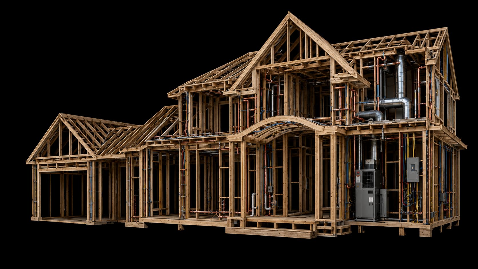 The same home's framing, plumbing, and mechanical systems, exposed